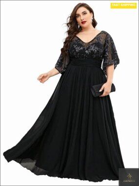 Plus Size Formal Evening Party Dress V Neck Lace Chiffon Pleat Waist